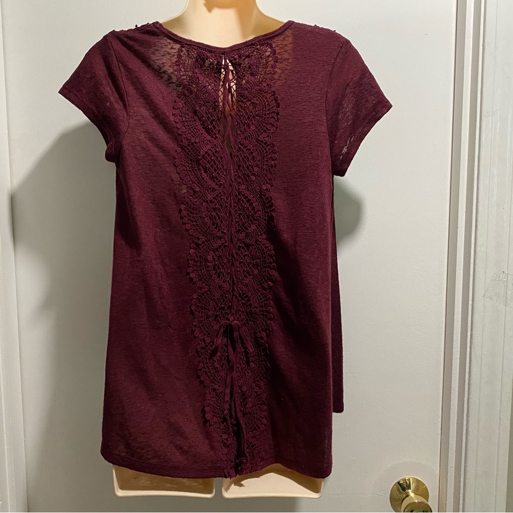 Burgundy Boho Fairy Y2K Lace Slub Rayon Cap Sl. Goth Vamp Coquette Top Tunic M